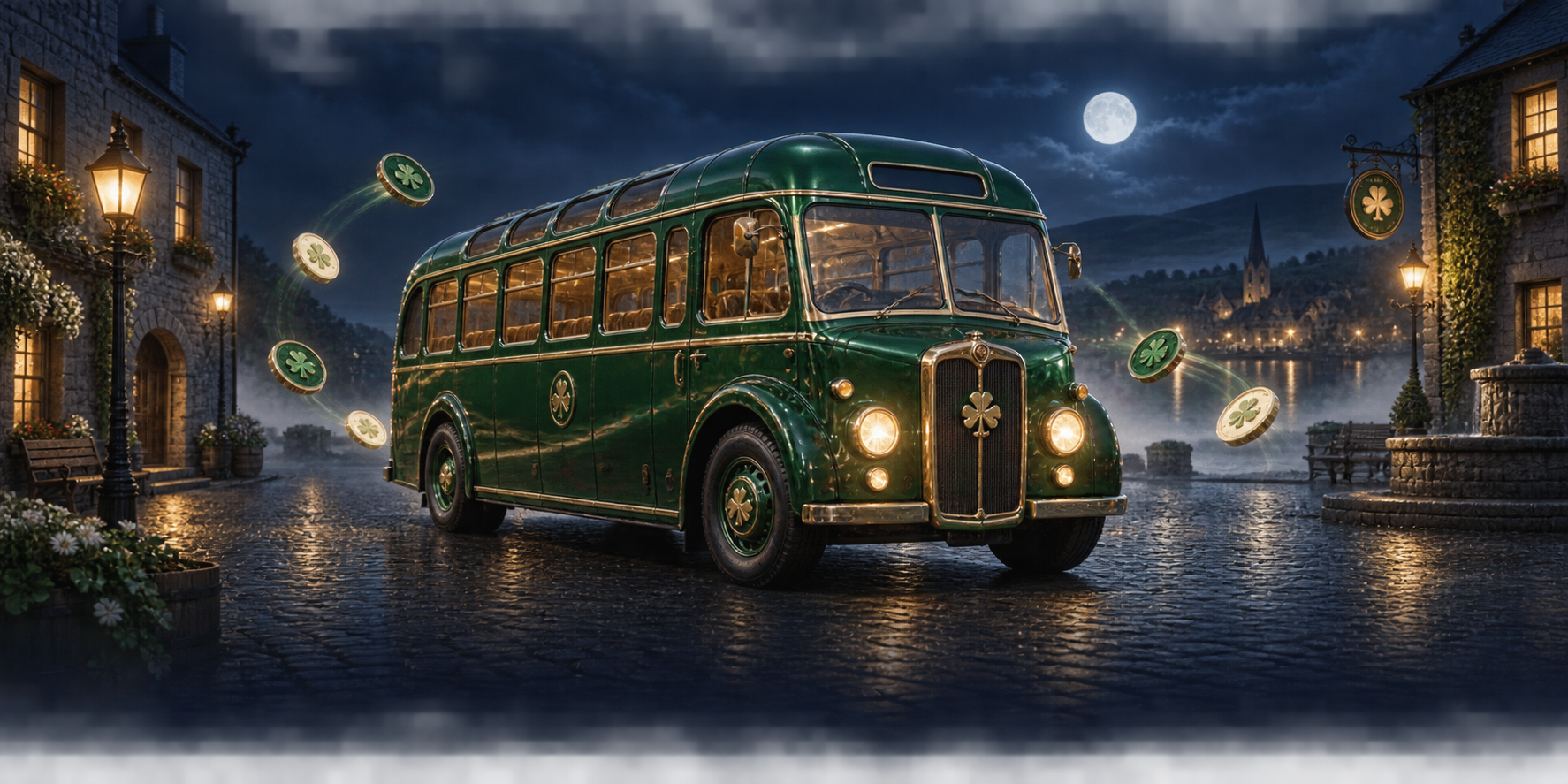 An emerald village bus arrives beneath warm lanterns, surrounded by fictional clover play tokens